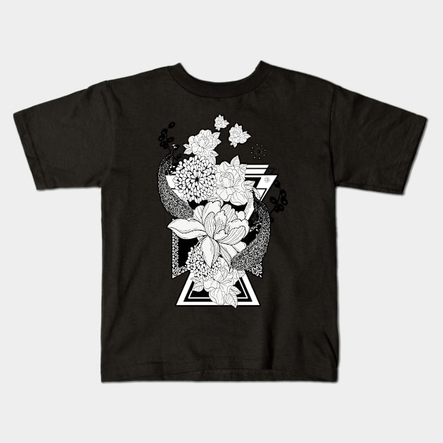 Wonderful flowers in black and white with peacock Kids T-Shirt by Nicky2342